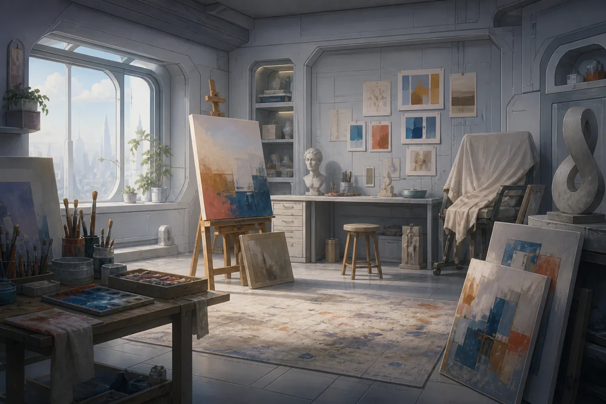 A quiet artist studio filled with canvases, sculpture studies, brushes, and unfinished work