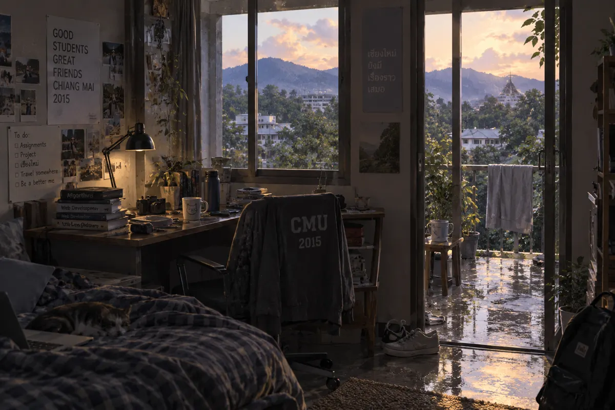A student room at dusk with a desk lamp, a to-do list on the wall, a jacket over the chair, a sleeping cat, and rain still standing on the balcony