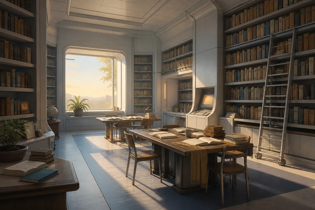 A quiet library with open books, reading tables, and late-afternoon light