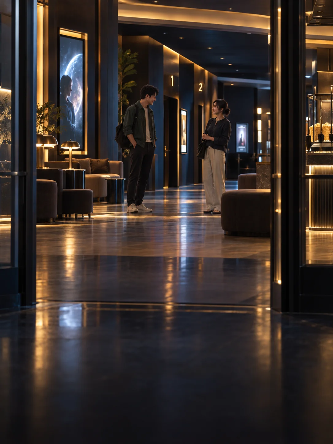 Conceptual illustration of two adult former classmates meeting in a modern cinema lobby.