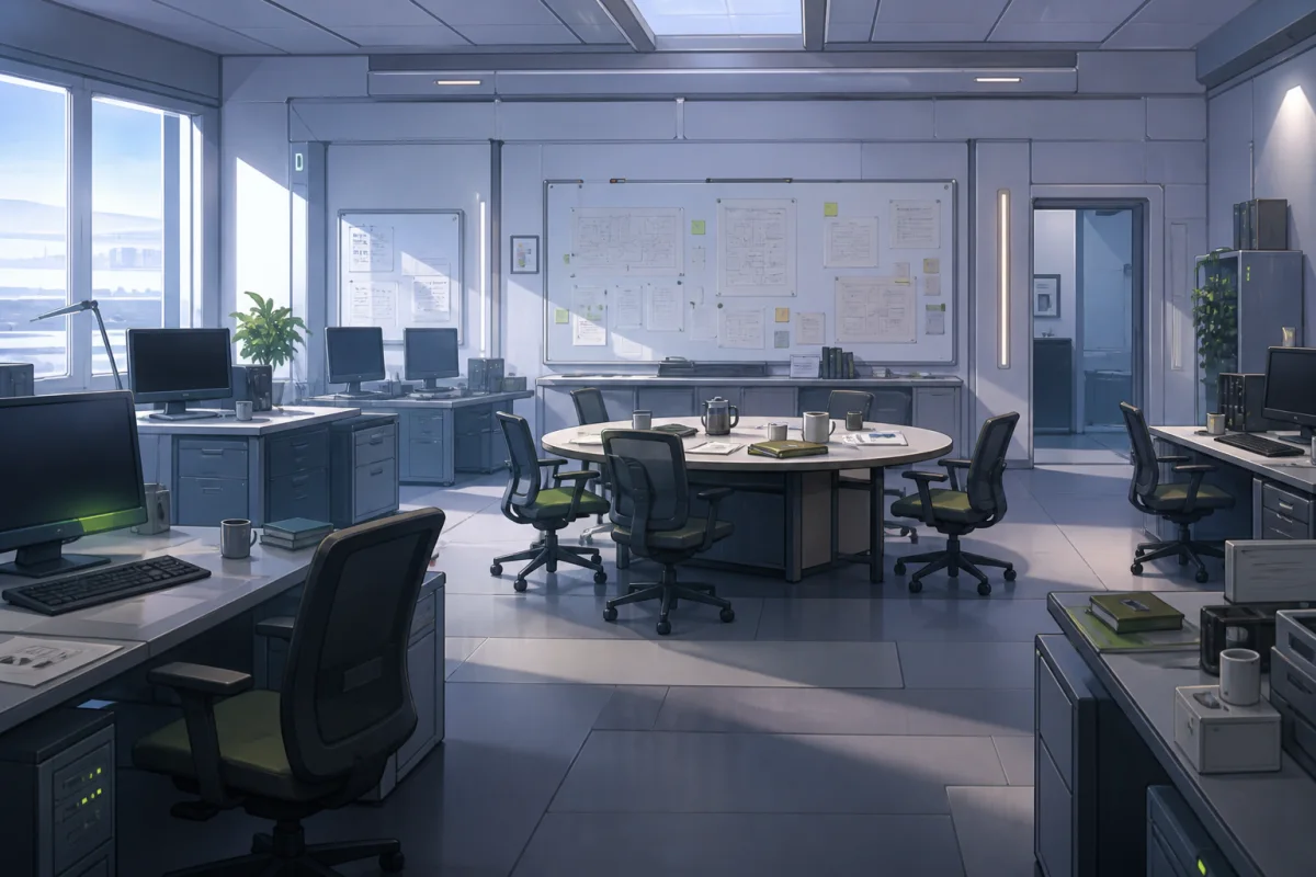 An empty team office with pulled-back chairs, planning sheets, and work left on the desks