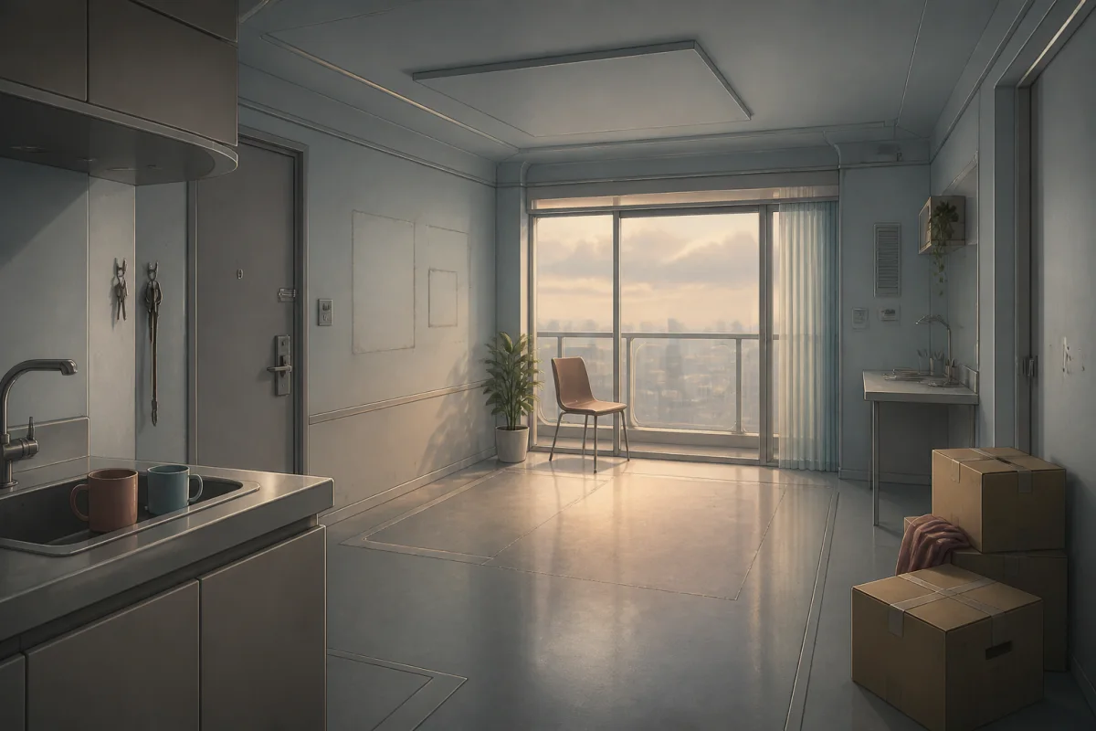 A vacant condo with two mugs, paired hooks, moving boxes, and one chair facing the evening window