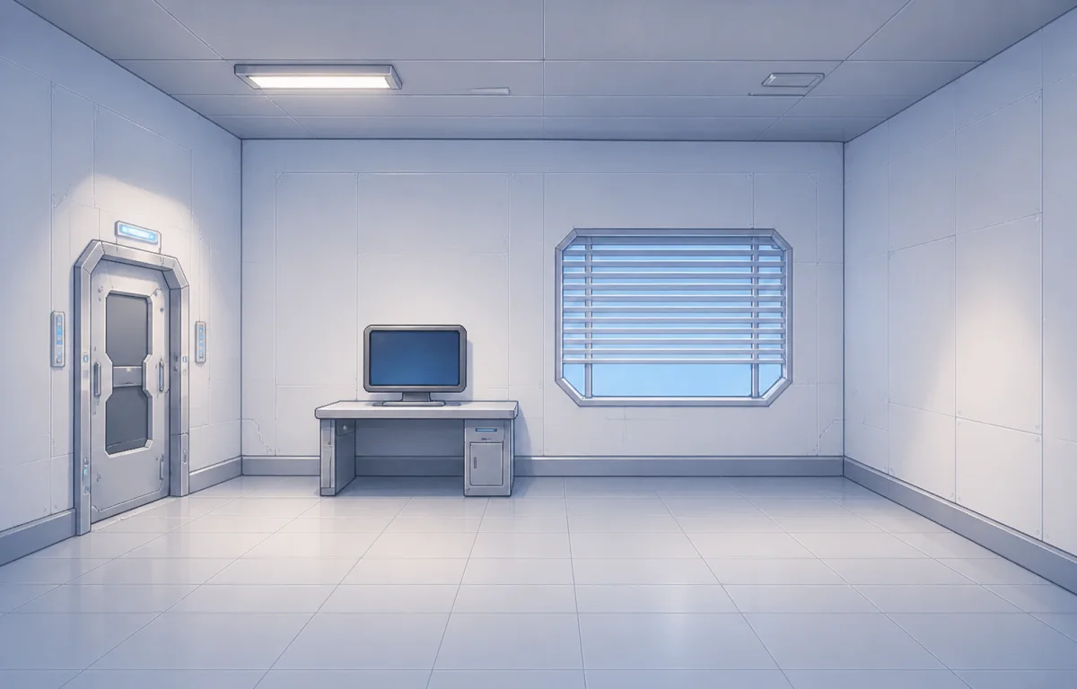 A small empty light-science-fiction room with one desk and terminal