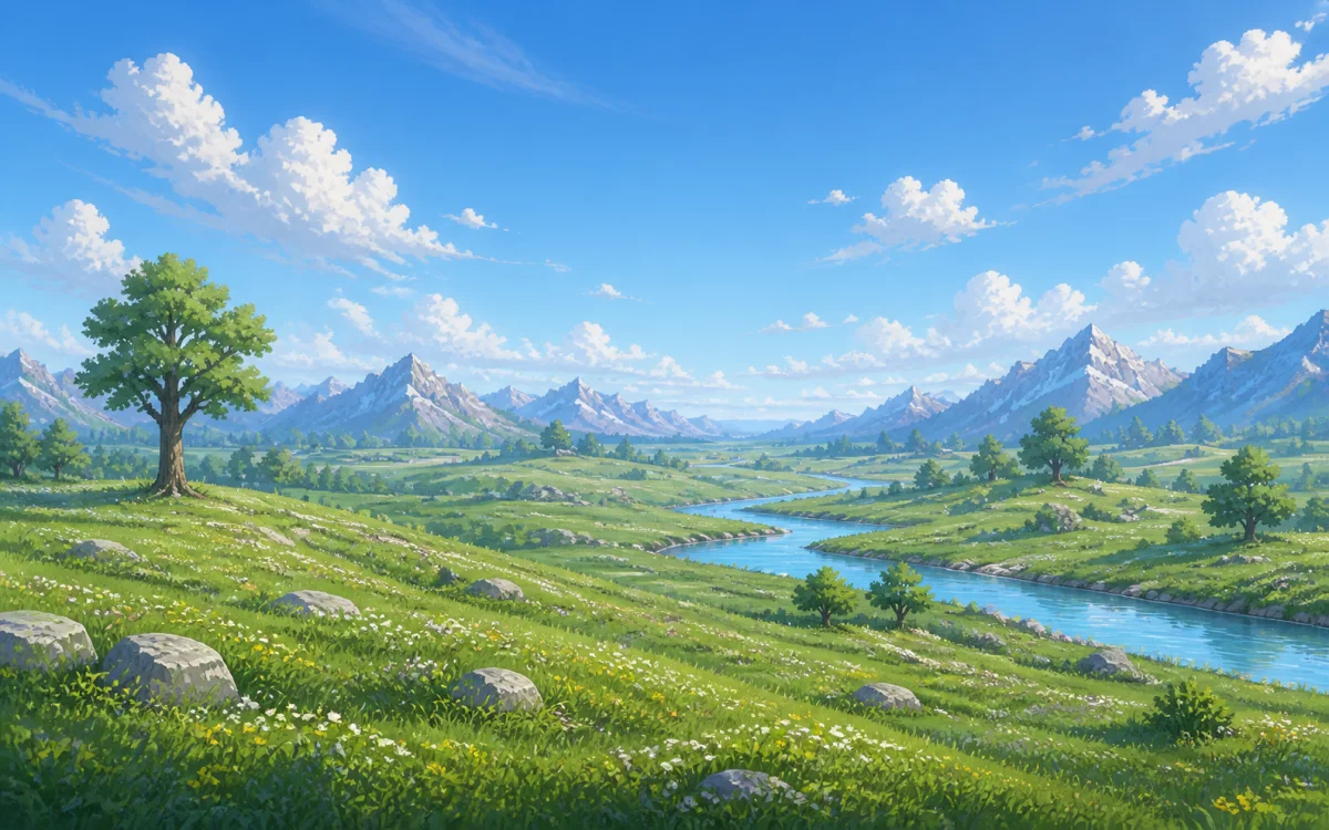 A broad blank world of grass, water, mountains, and open sky